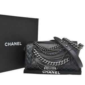 CHANEL CC Logo Boy Chain Shoulder Bag Leather Black SHW Italy 838RF982